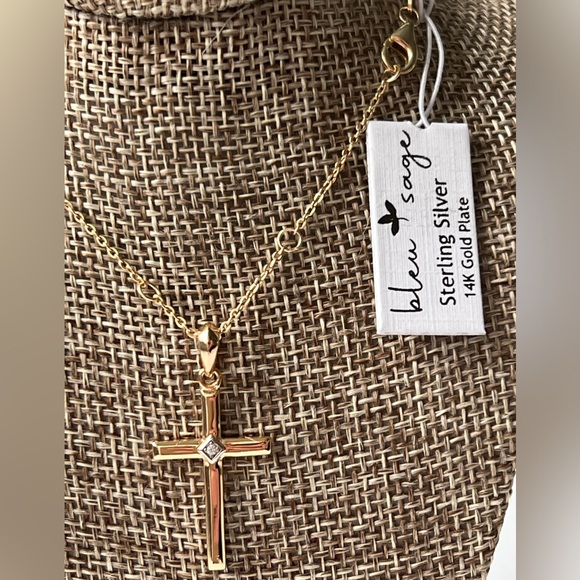 Blue Sage Sterling Silver 925 14K Gold Plated Crystal Cross Necklace NWT - Picture 12 of 14